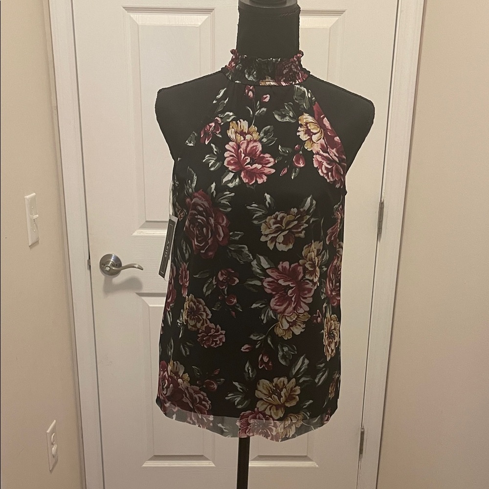 A. Byer Black Floral High-Neck Sleeveless Top with Burgundy & Cream Blooms